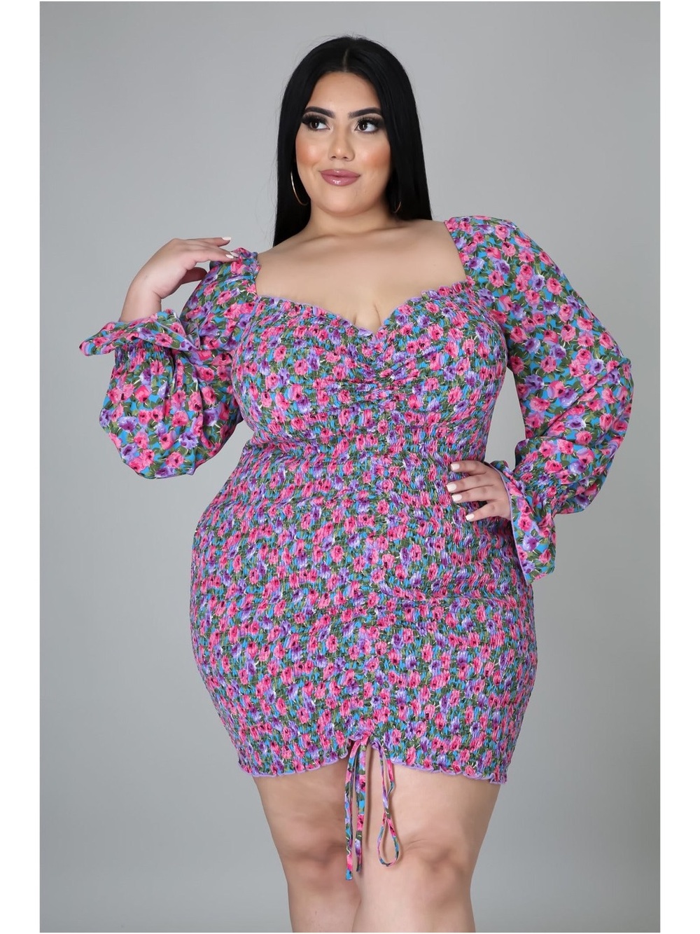 Floral Shirred Bodycon Dress - Pink & Blue